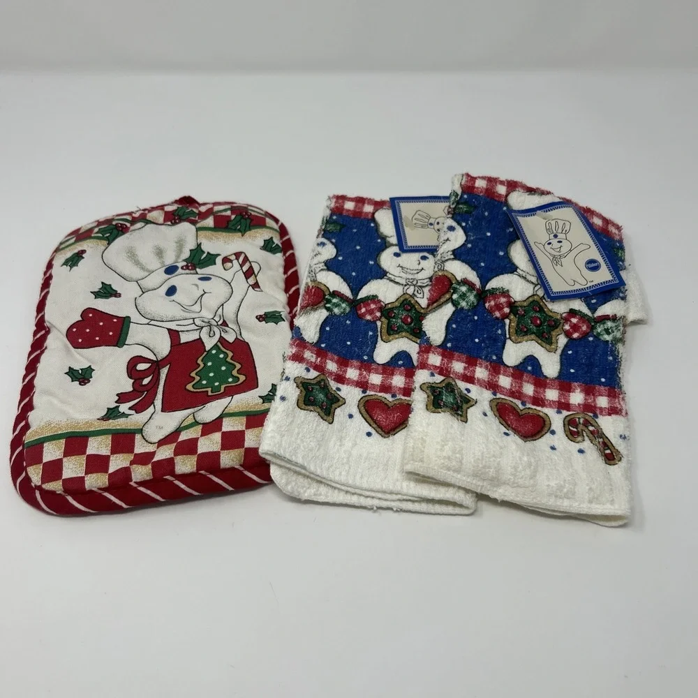 Vintage 1999 Pillsbury Doughboy Pot Holder Kitchen Towel Christmas  Holiday
